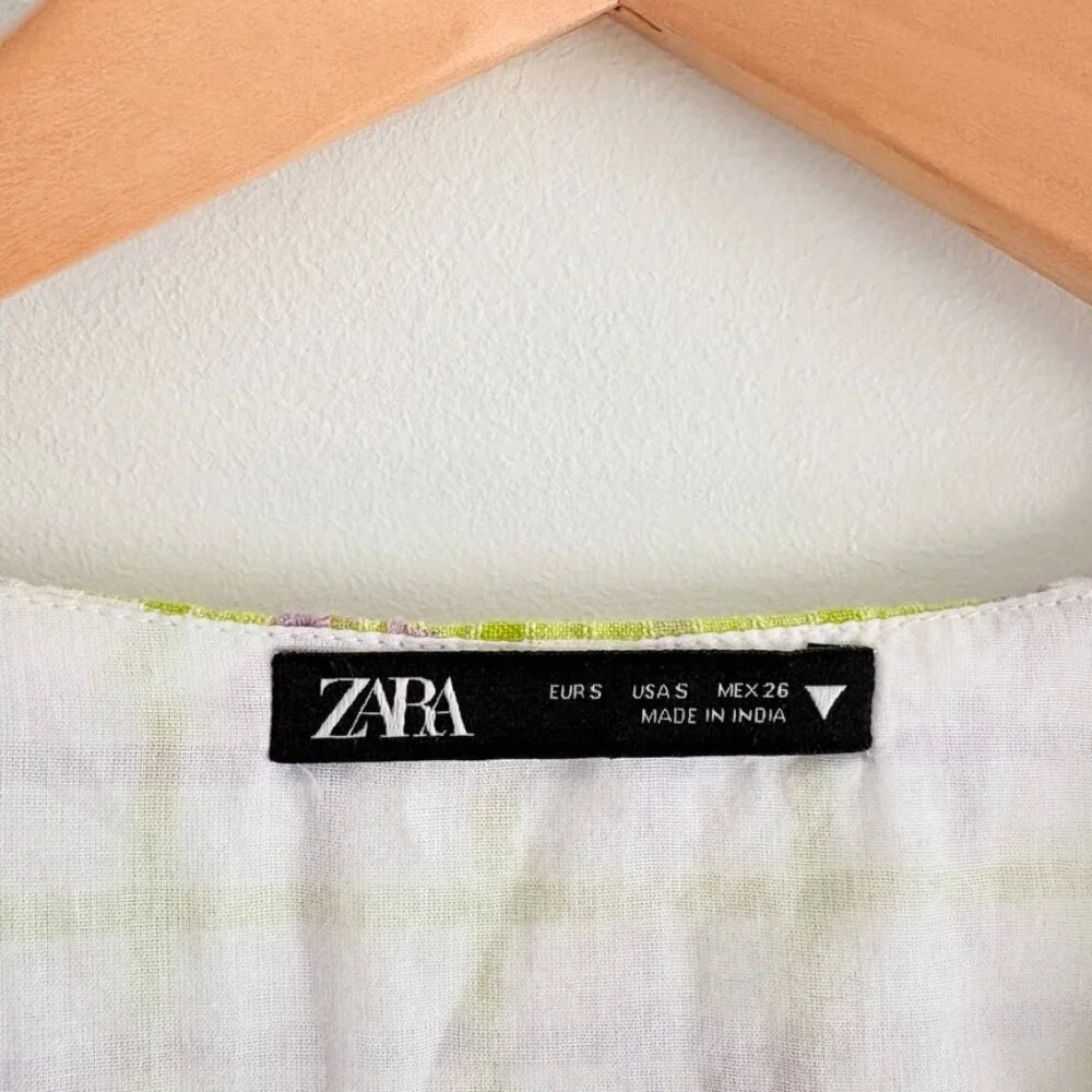 Zara Draped Checkered Mini Dress White Green Purple Size Small - Picture 5 of 7